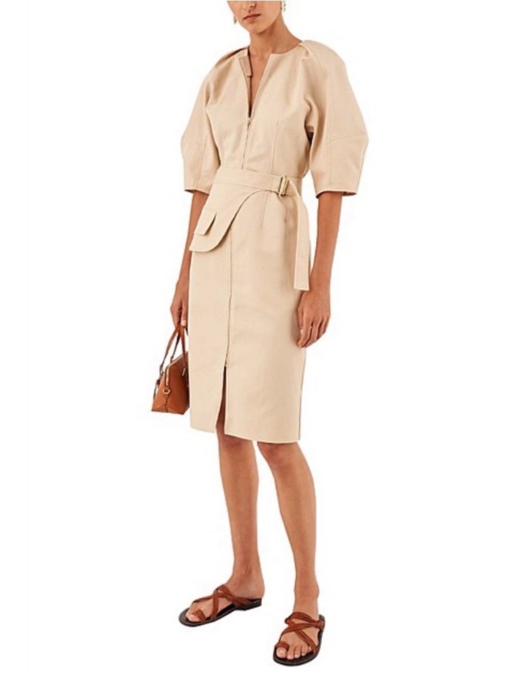 Oroton Neutral Beige Belted Puff-Sleeve Midi Dress